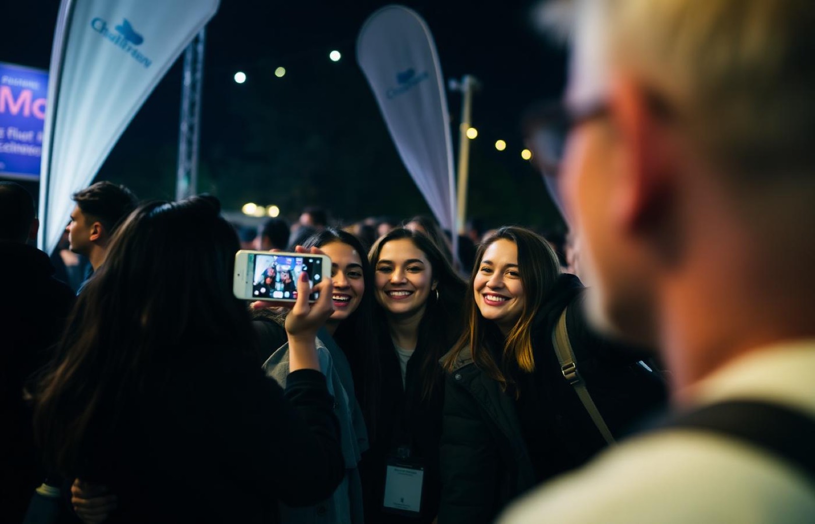 Friends taking a group photo at an outdoor event with brand banners behind them